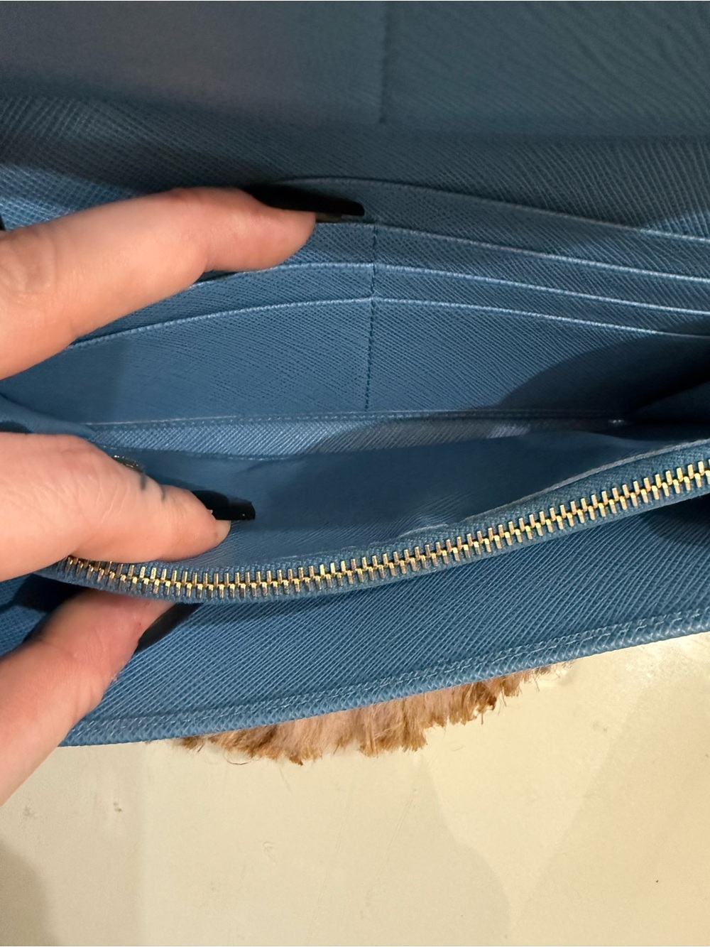 Prada Saffiano Lux Bow Continental Wallet Light Blue Gold Hardware W/ Chain Card - Picture 7 of 16